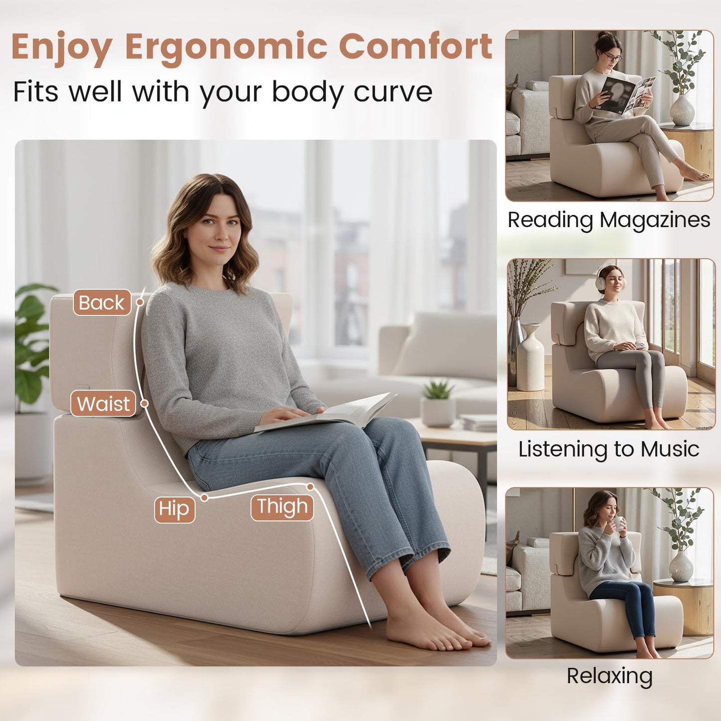 Lazy Sofa with Detachable Headrest and Washable Ice Velvet Cover