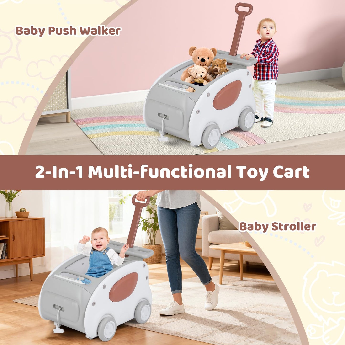 2 in 1 Toddler Toy Cart with Parent Handle