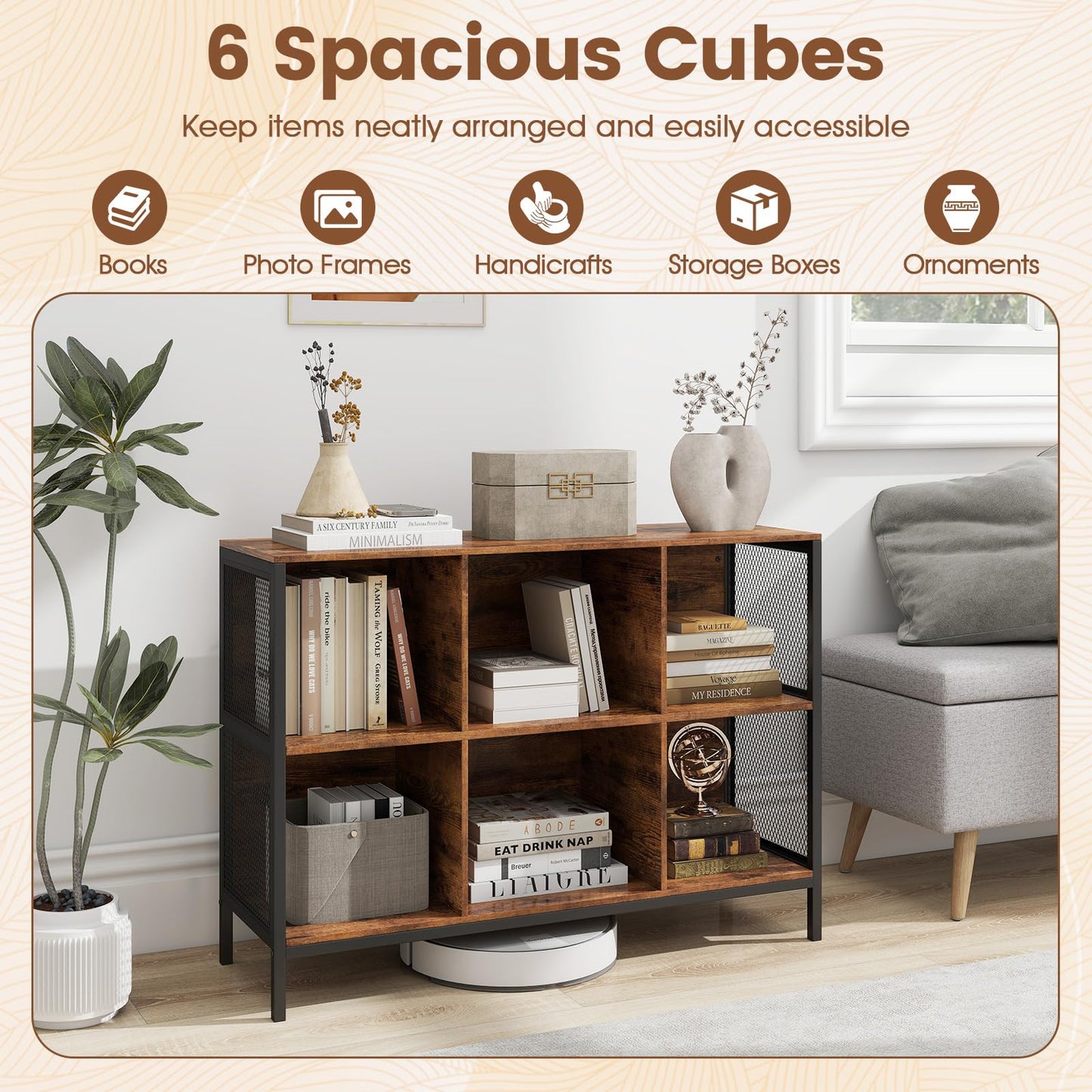 6 Cube Storage Bookcase, Wooden Freestanding Bookshelf Side Cabinet