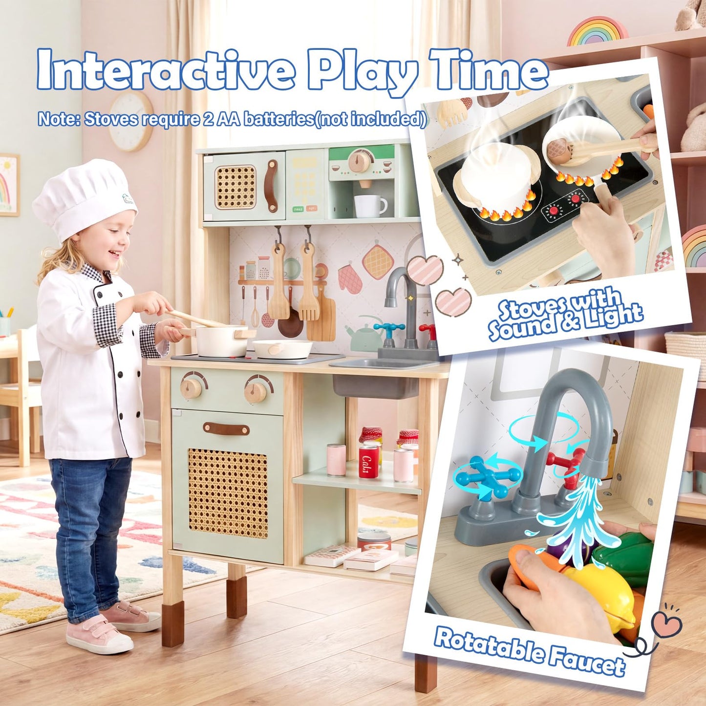 Kids Play Kitchen Wooden Pretend Kitchen Playset with Rattan Doors Wood Legs