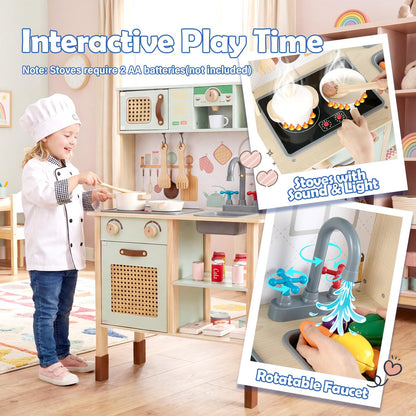 Kids Play Kitchen Wooden Pretend Kitchen Playset with Rattan Doors Wood Legs