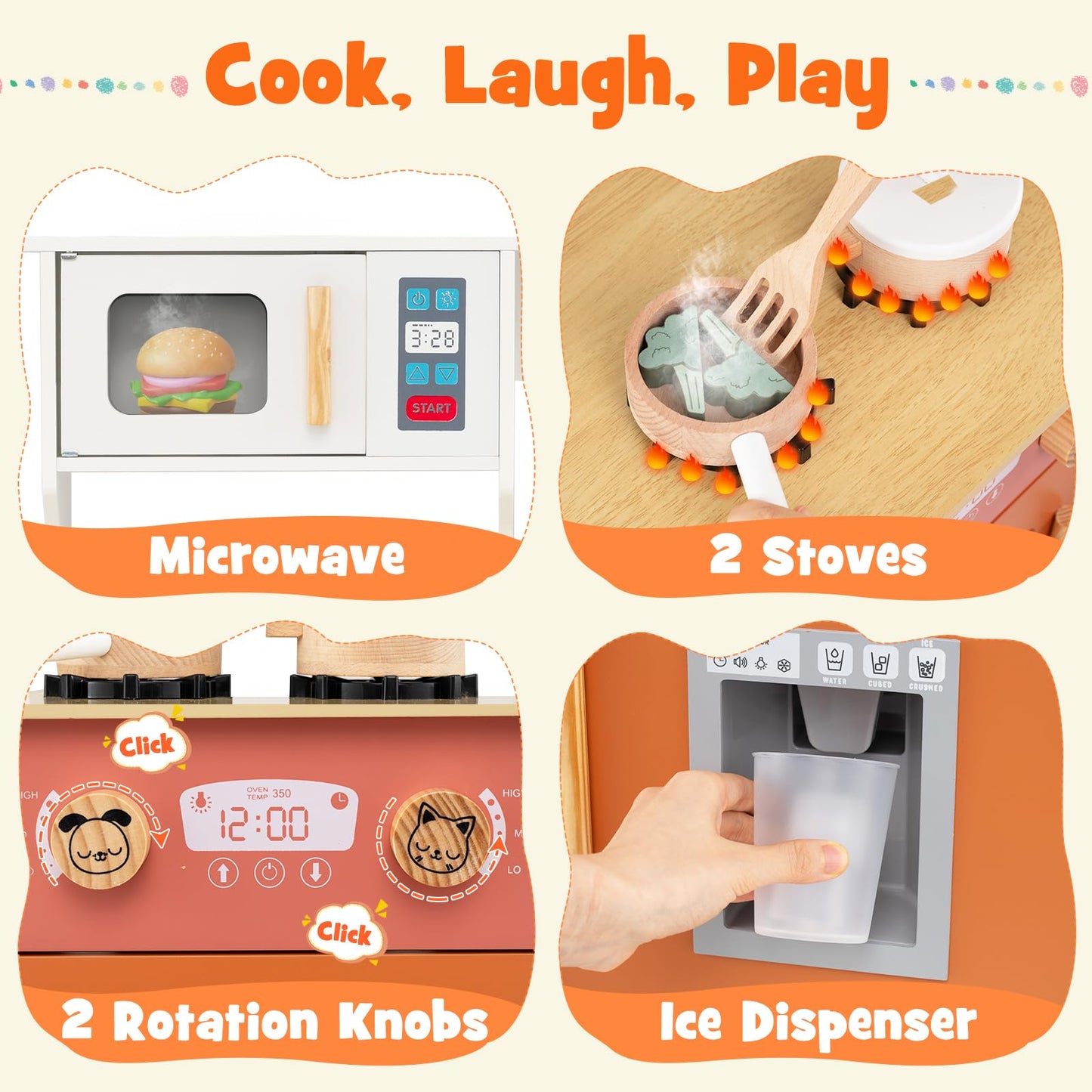 Wooden Play Kitchen with Cookware Accessories for Ages 3-6
