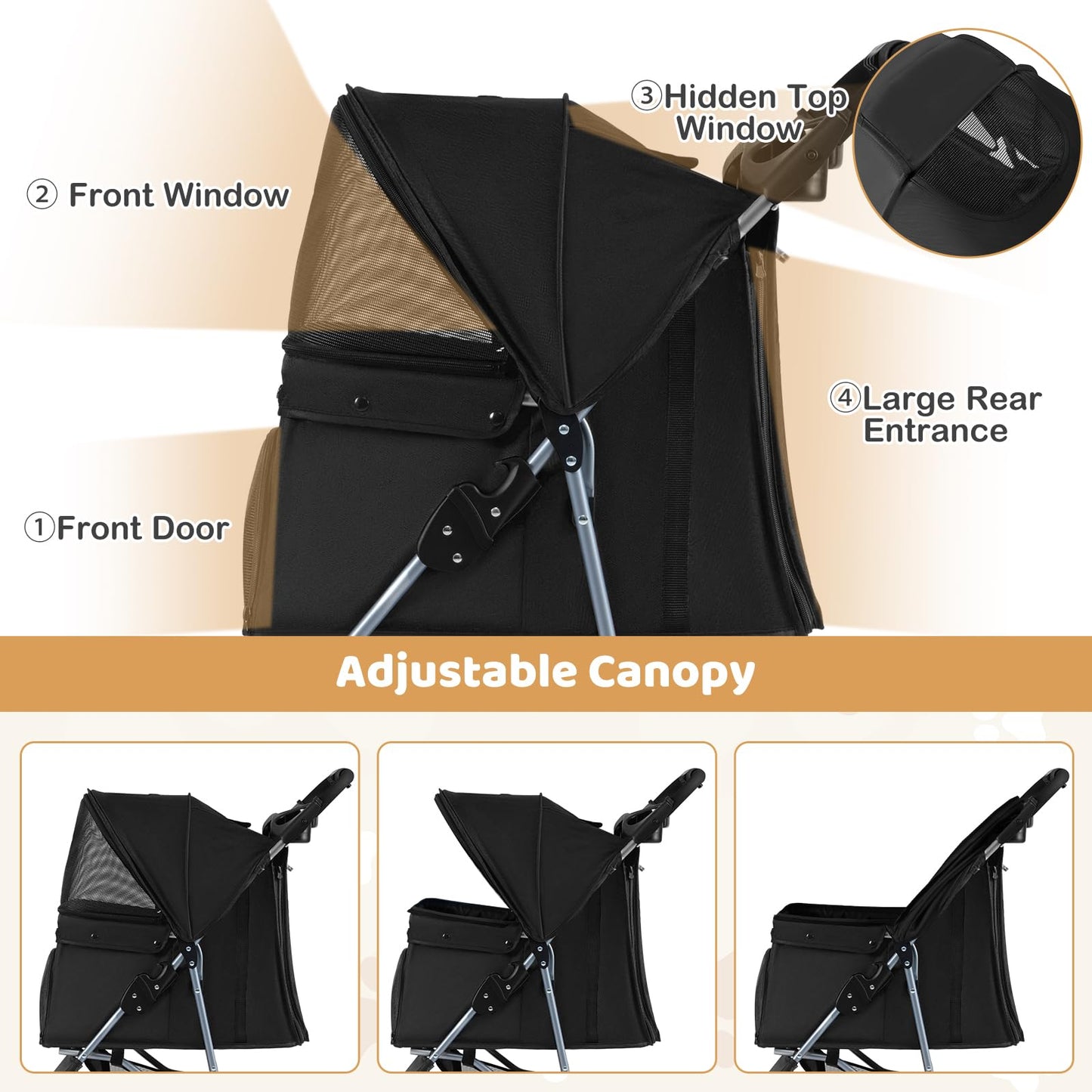 Pet Stroller with Adjustable Canopy and 3 Shock-absorbing Wheels