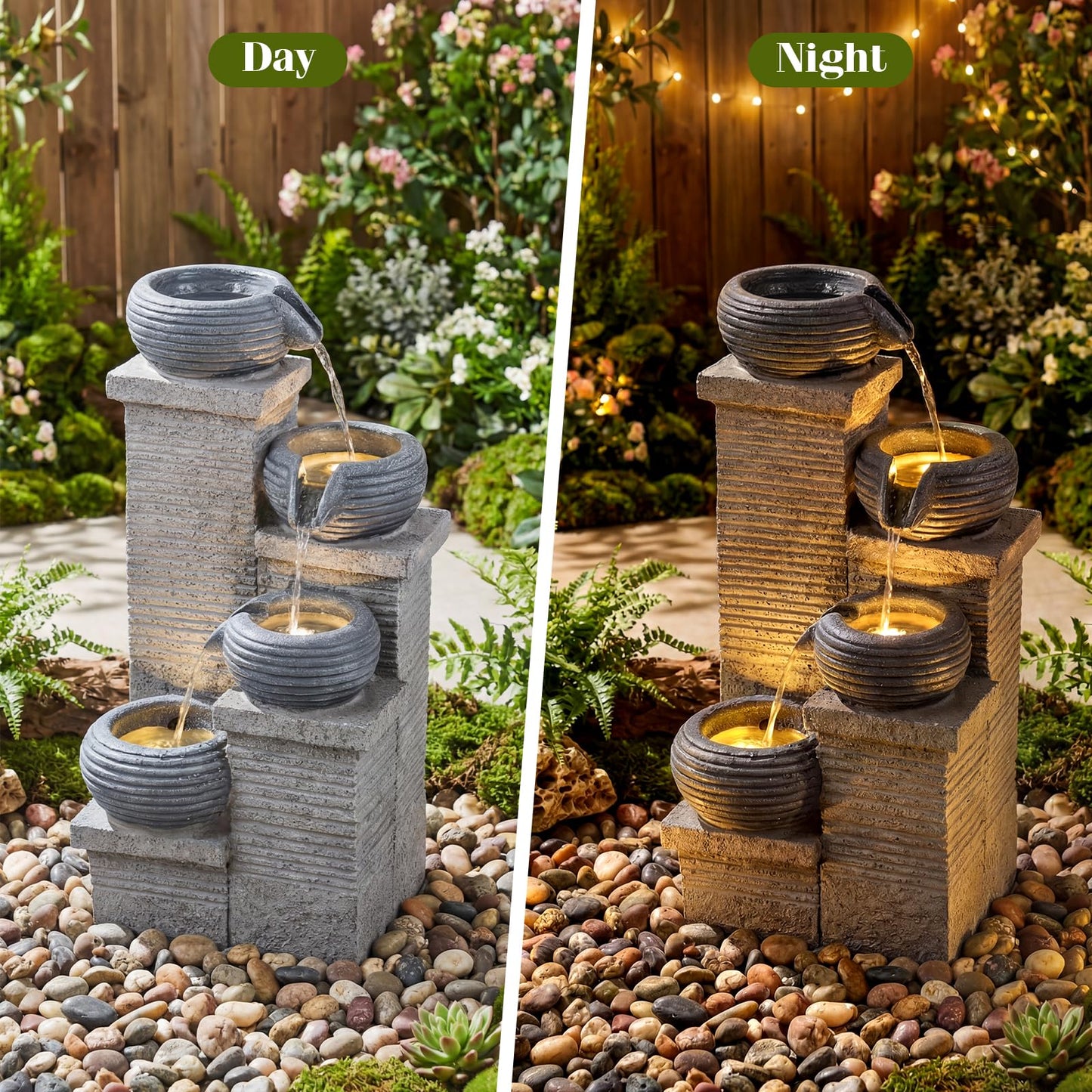 4-Tier Outdoor Water Fountain, Cascading Waterfall Fountain with 3 LED Lights