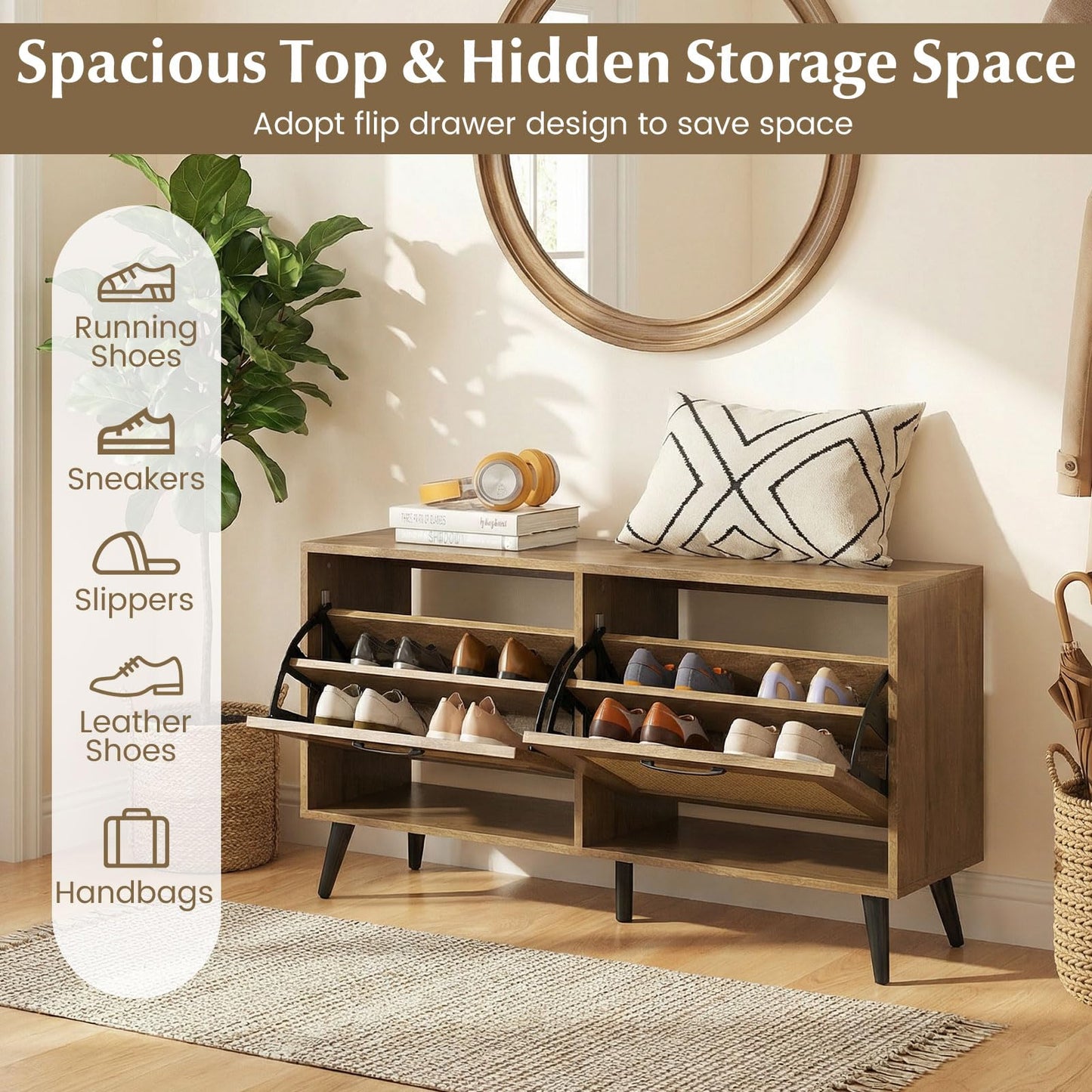 Rattan Shoe Storage Bench with Flip Drawers, Adjustable Shelves