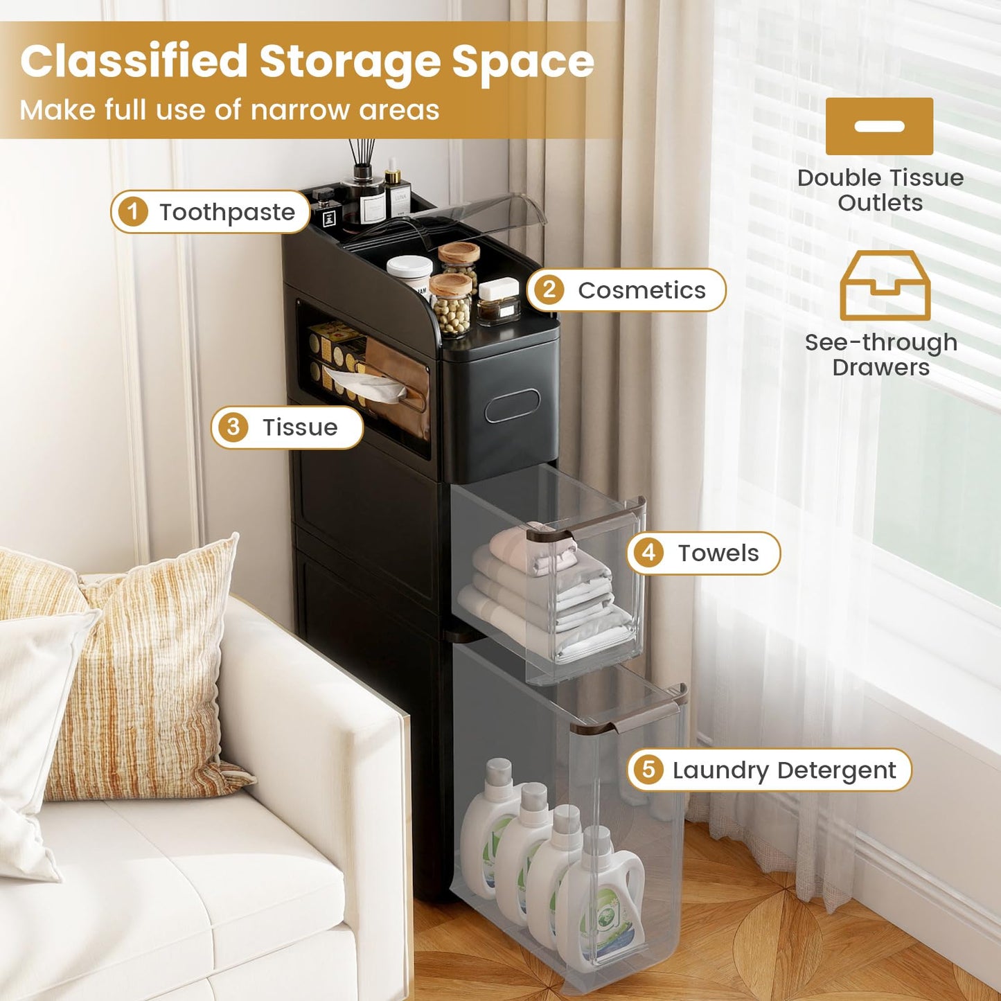 4-Tier Bathroom Storage Cabinet with 2 Drawers and Tissue Box