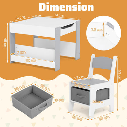 4 in 1 Kids Table and Chairs Set with Reversible Tabletop and Bookshelves