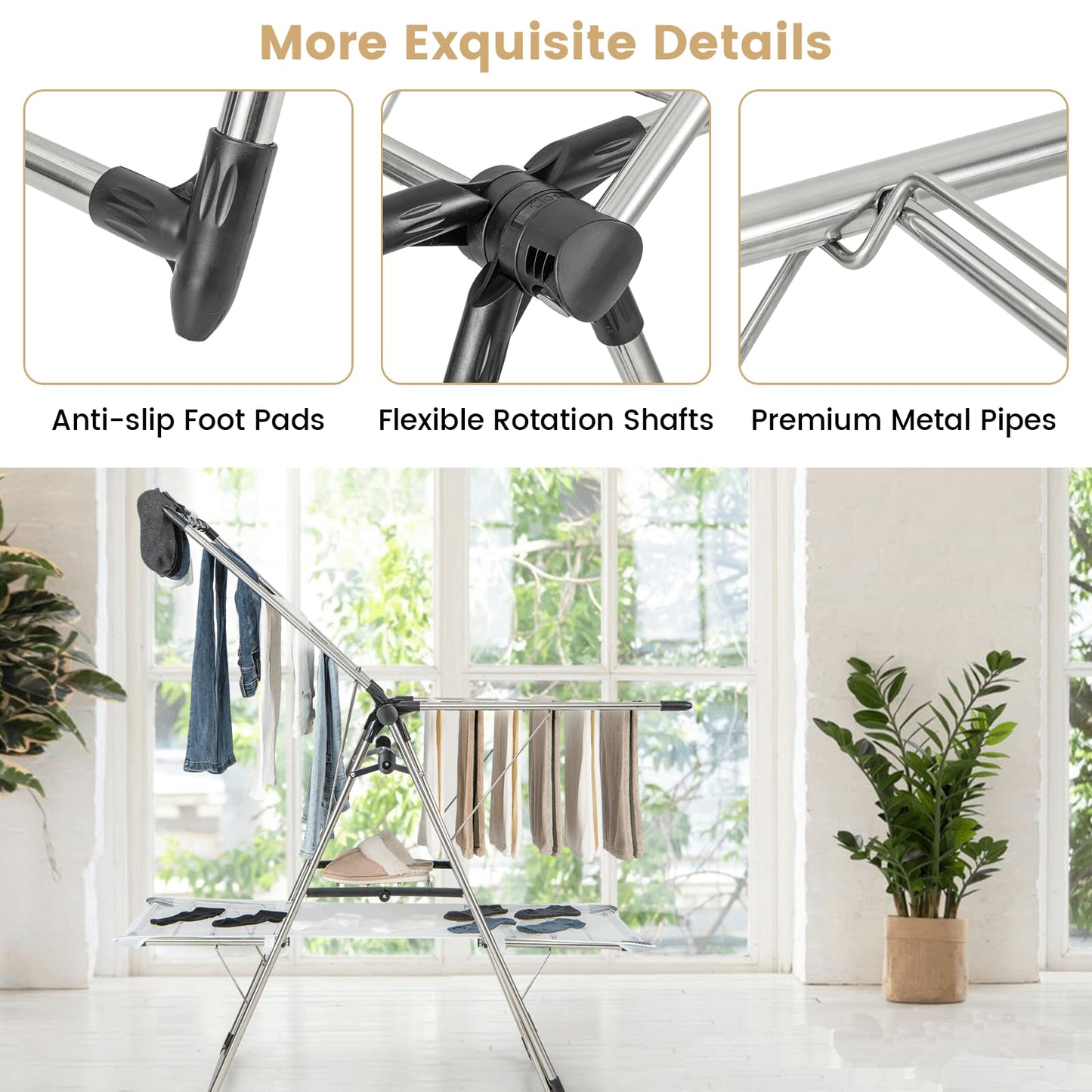 2-Tier Foldable Laundry Drying Rack with Tall Hanging Bar