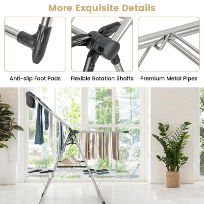 2-Tier Foldable Laundry Drying Rack with Tall Hanging Bar