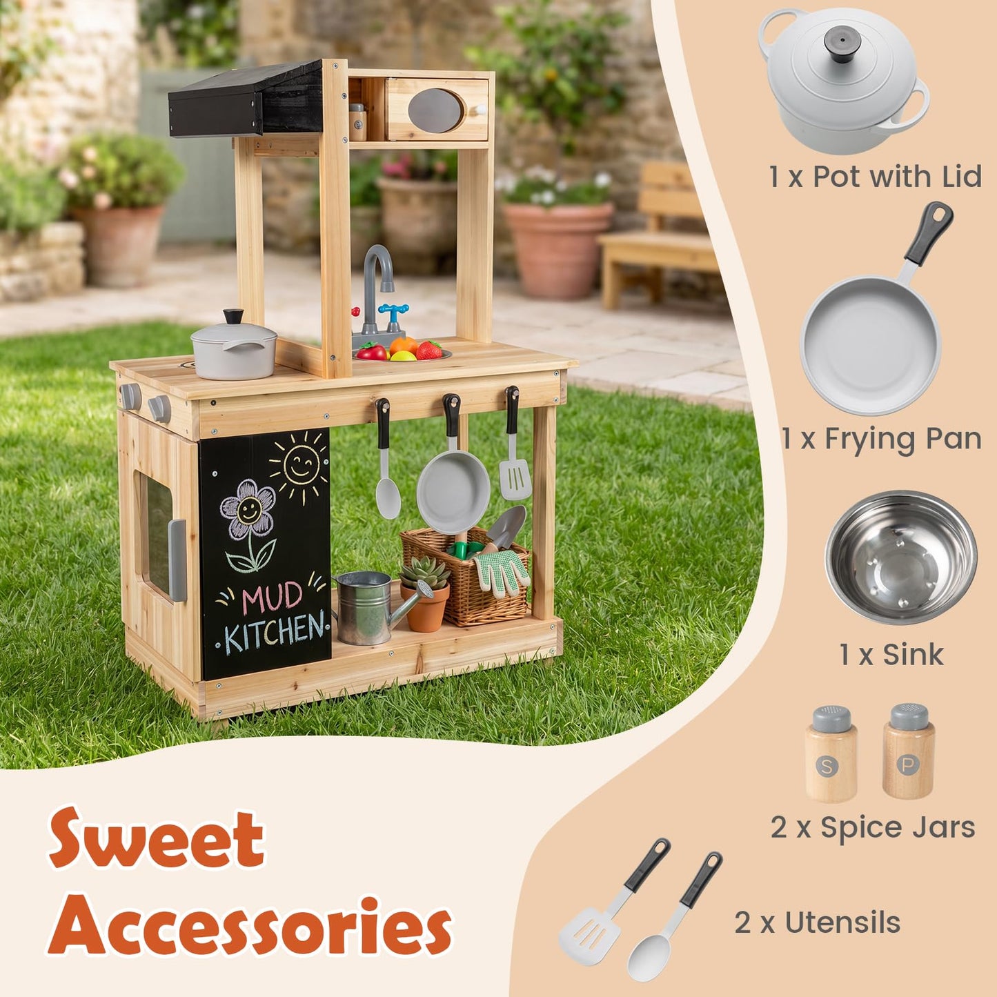 Kids Mud Kitchen with Stoves, Sink, Faucet, Cooking Accessories