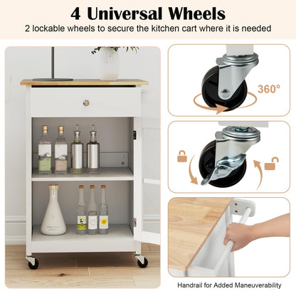 65 CM Kitchen Island Cart Rolling Kitchen Cabinet with Rubber Wood Tabletop