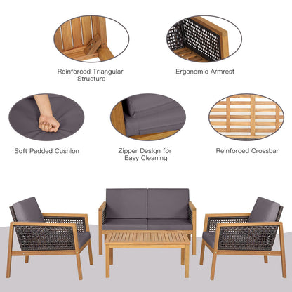 4 PCS Acacia Wood Rattan Patio Conversation Set with Loveseat and Coffee Table