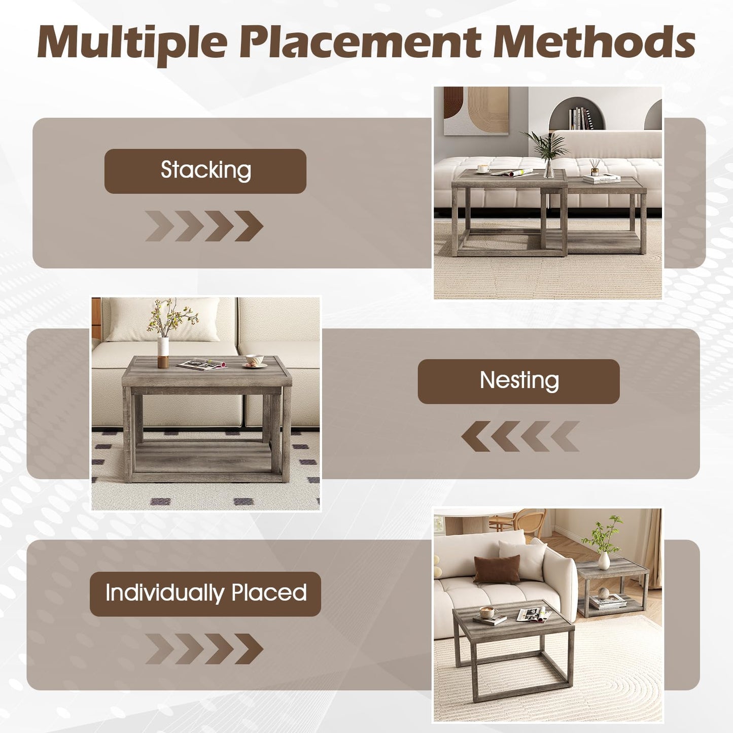 Nesting Coffee Table Set of 2 with Storage Shelf and Rubber Wood Frame