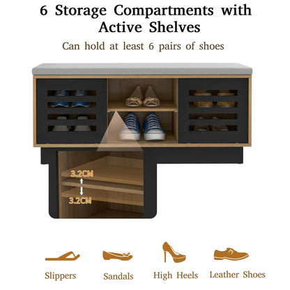 Shoe Bench with 6 Storage Compartments and 3 Adjustable Shelves and Cushion