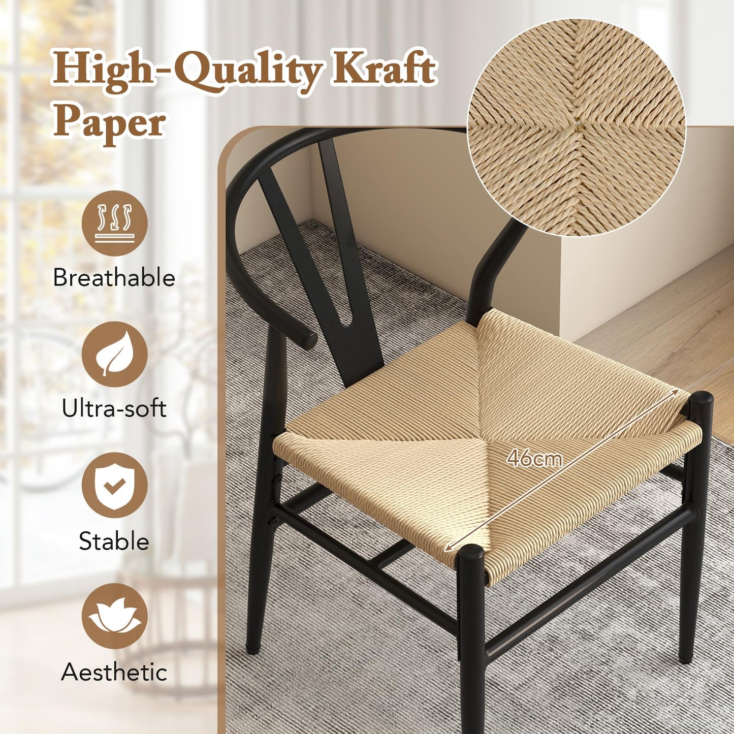 Weave Dining Chair Set of 2 Mid-Century Modern Metal Kitchen Dinner Accent Side Armchair