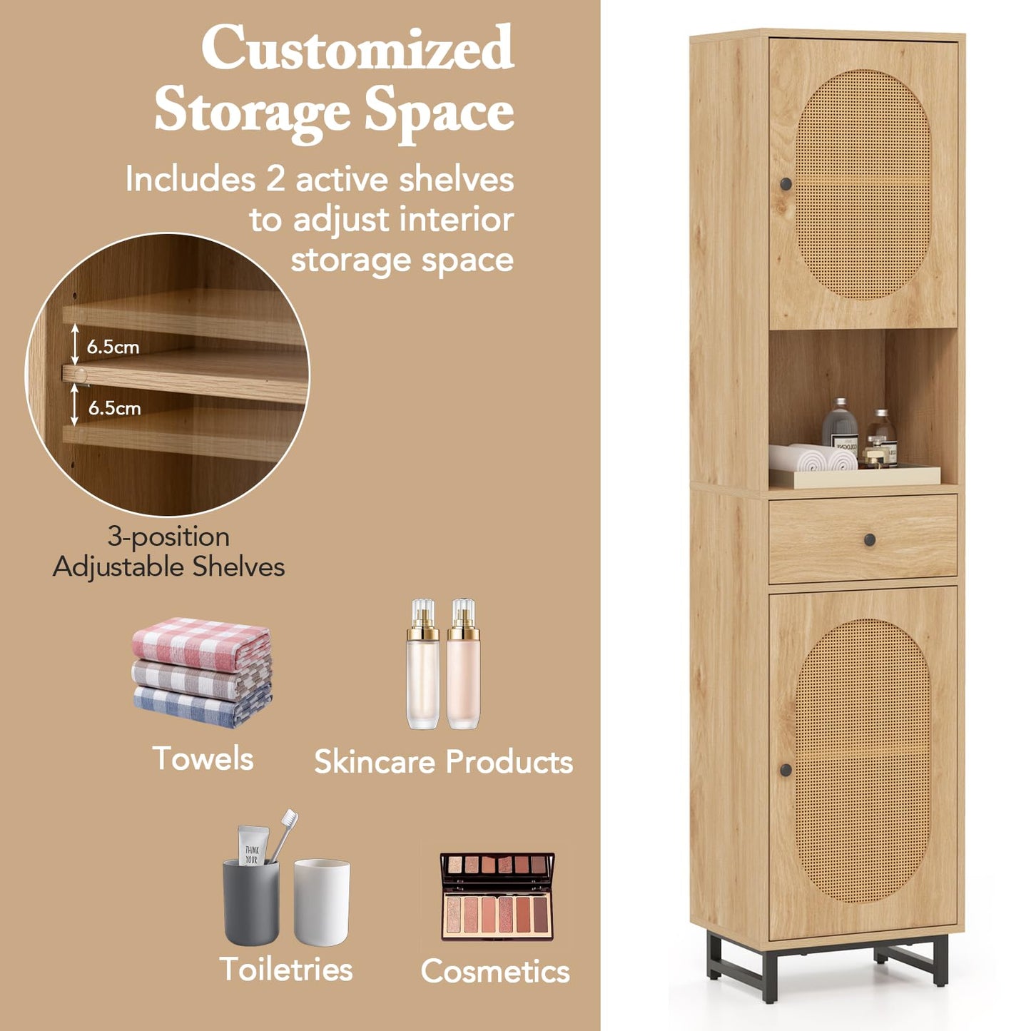 170cm Tall Bathroom Cabinet with 2 Doors and Open Compartment