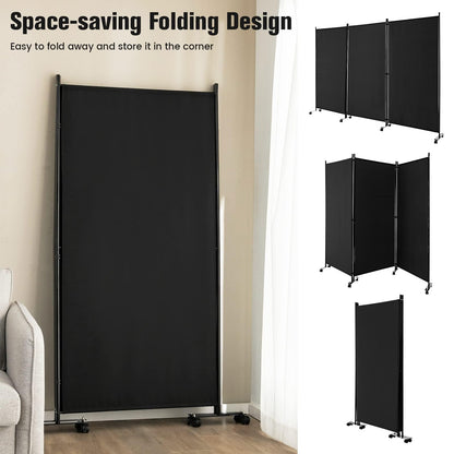 3-Panel Folding Room Divider with Wheels for Living Room Bedroom