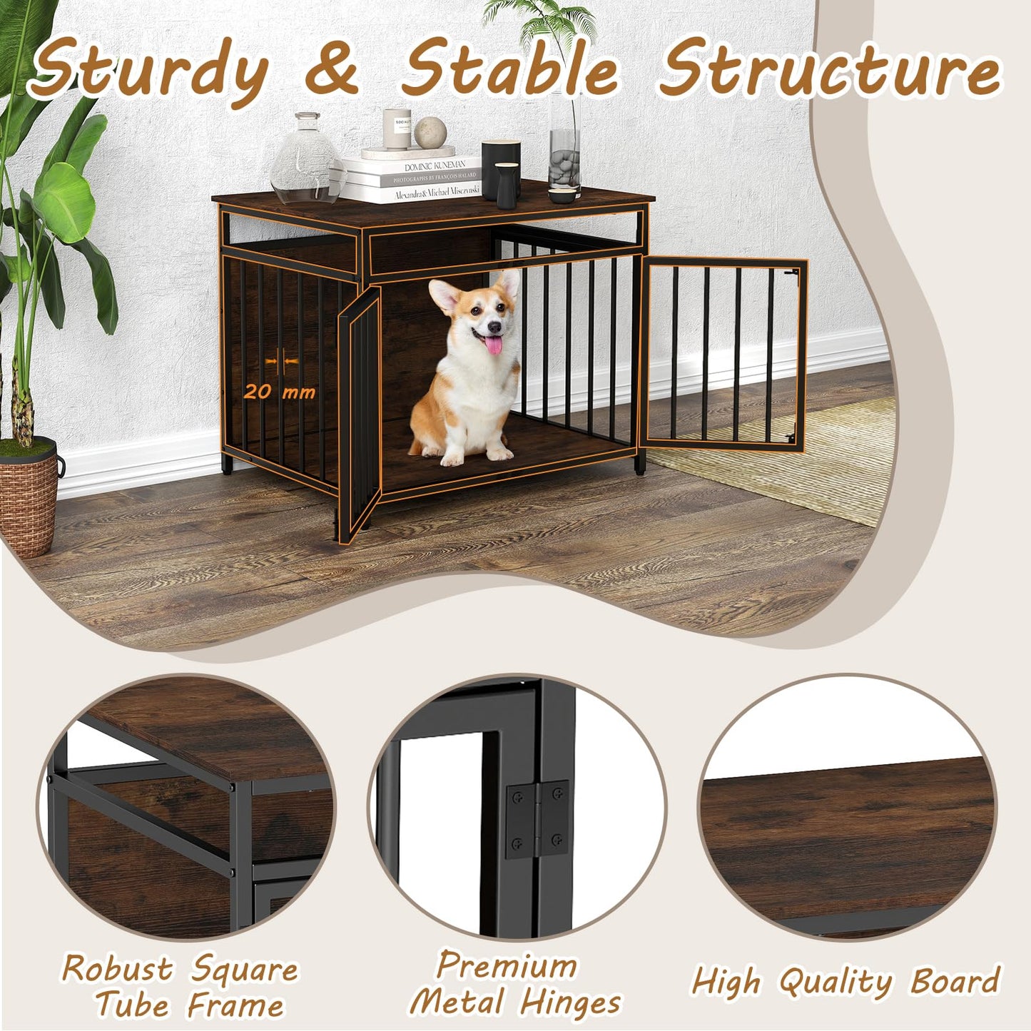Wooden Dog Cage with Lockable Doors & Hollow Top