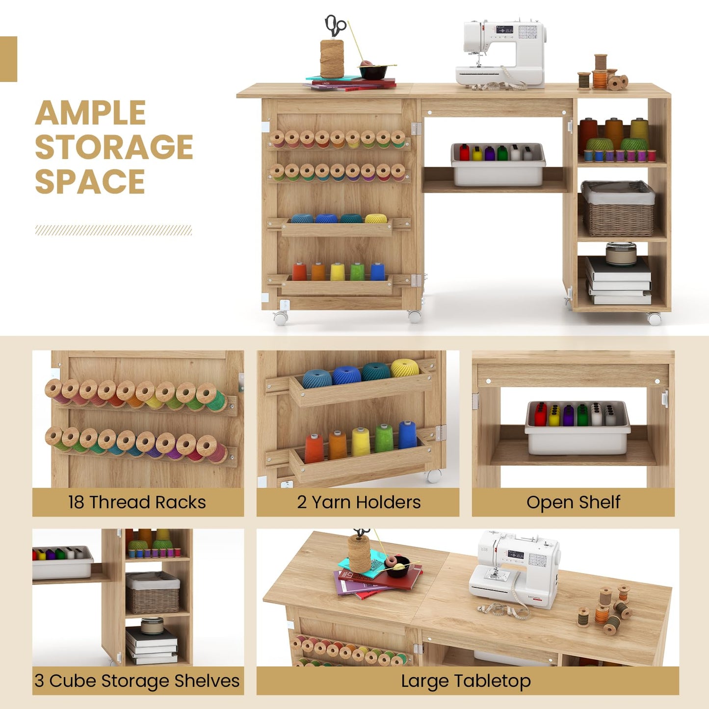 Folding Sewing Table, Mobile Craft Table with Rattan Door