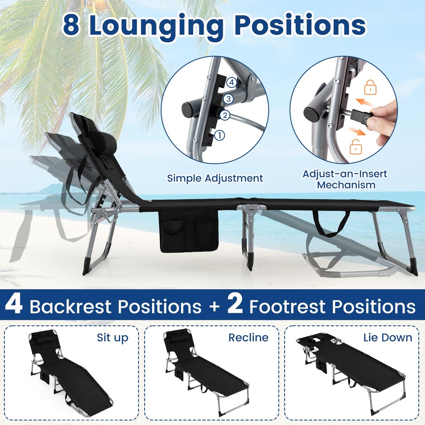 Folding Sun Lounger with Face Hole, 4-Position Adjustable Outdoor Chaise Lounge Chair