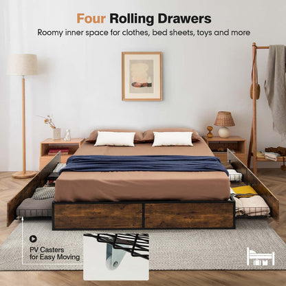 4FT Double Metal Bed Frame with 4 Underbed Drawers (190 x 120 x 33cm)