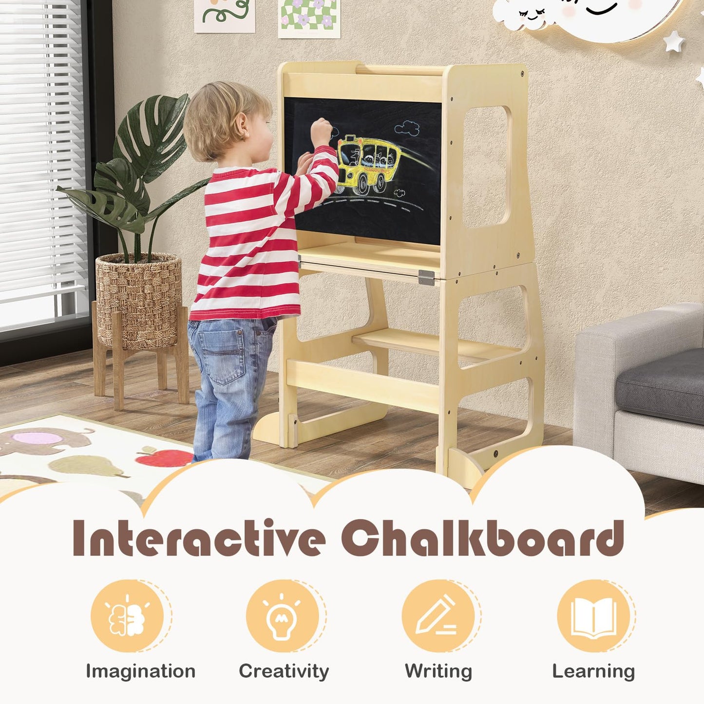3 in 1 Toddler Kitchen Learning Tower with Chalkboard