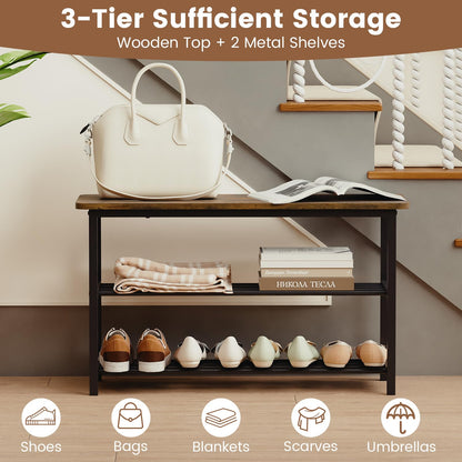 3-Tier Shoe Storage Bench with Metal Slat Shelves and Long Wooden Seat
