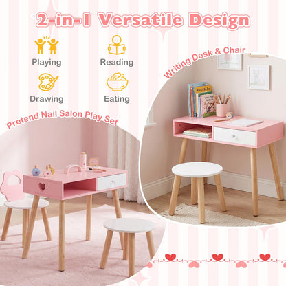 Kids Pretend Nail Salon Playset with Chair and Stool Wooden Toddlers Makeup and Manicure Kit