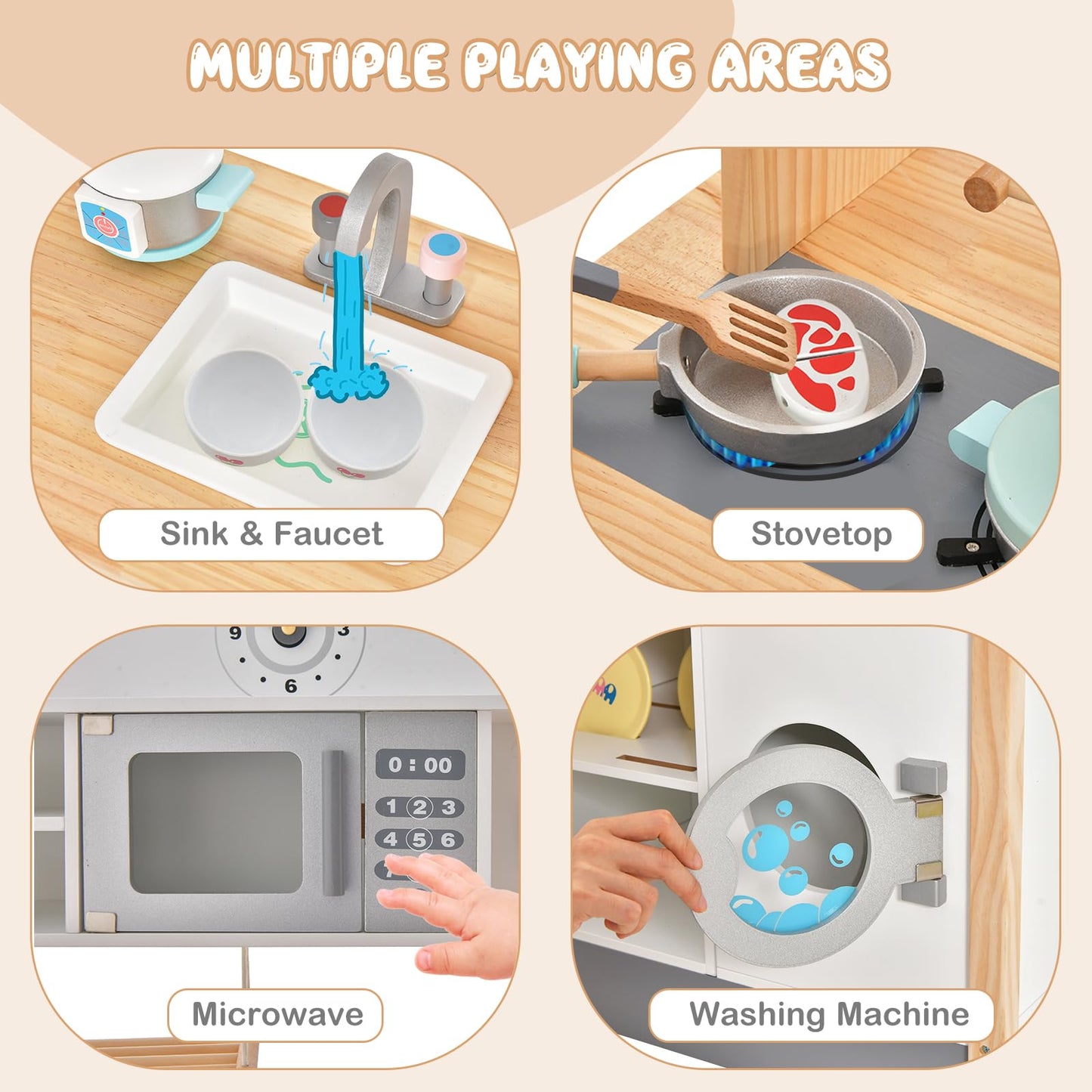 Wooden Kids Play Kitchen, Chef Pretend Toy Kitchen with Clock