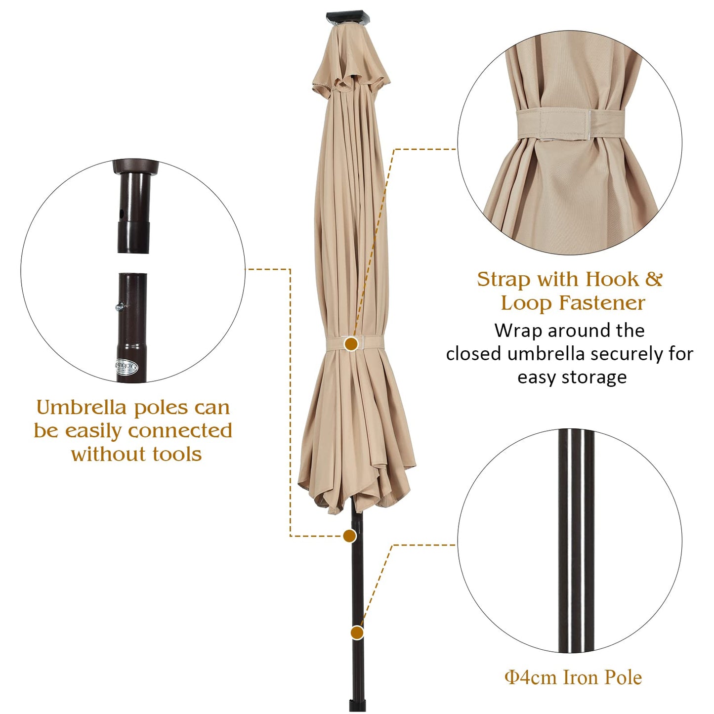 24 Solar Powered LED Lights Patio Umbrella with Tilt and Crank Handle