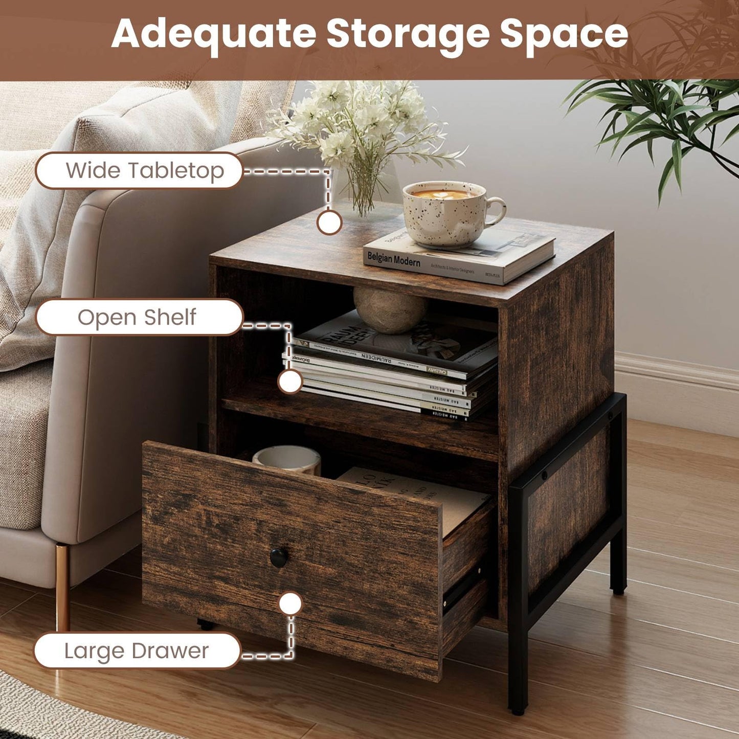 Nightstand with Charging Station 3-Tier Bedside Table with Drawer