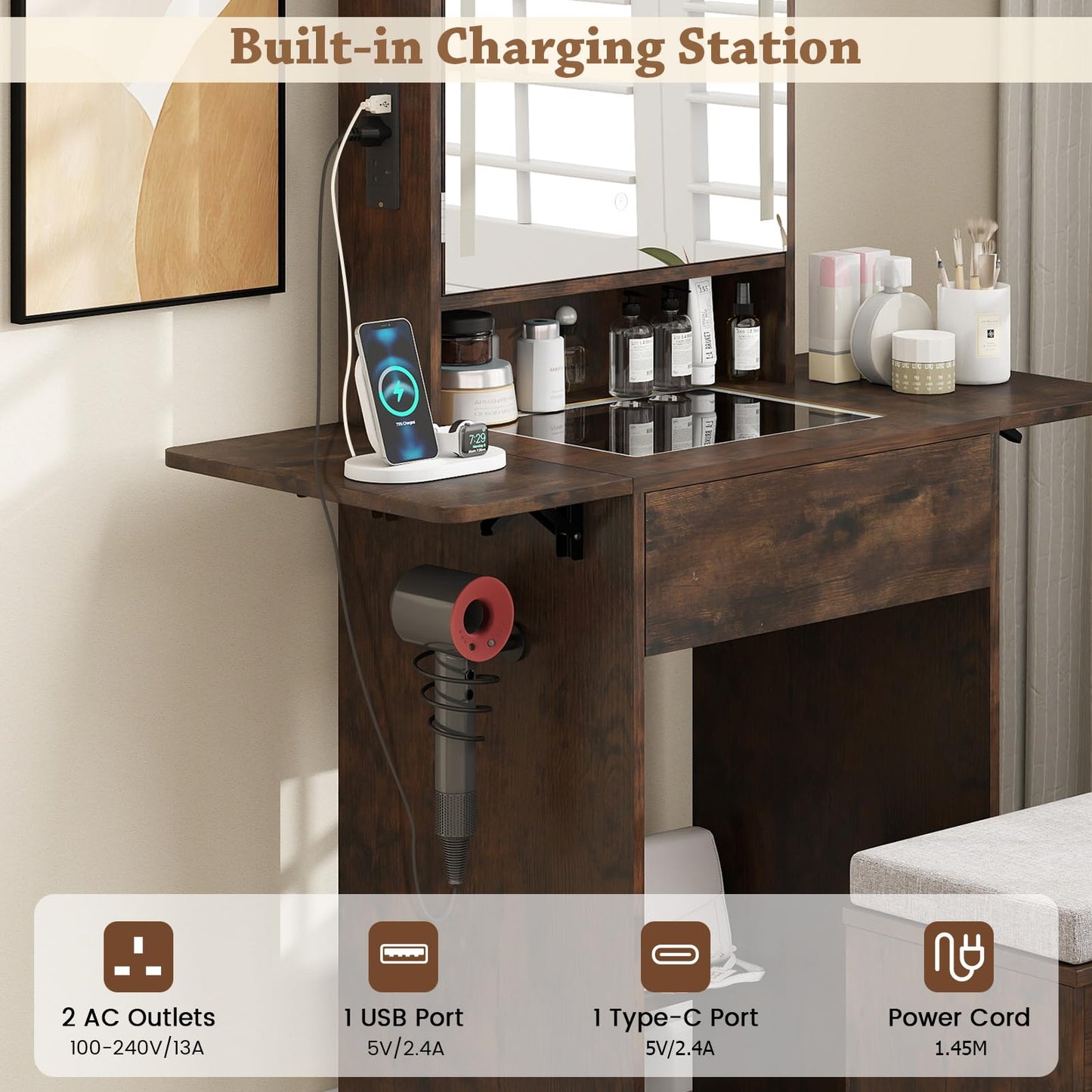 Small Dressing Table with 3-Color LED Lights Mirror and Stool