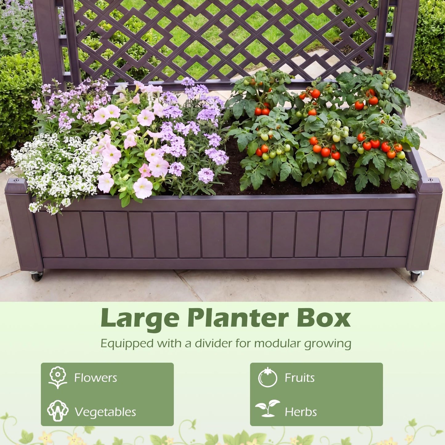 Raised Garden Bed with Trellis, Mobile Planter Box with Drainage Plug & Gauge