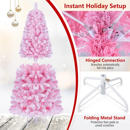 Artificial Christmas Tree, Snow Flocked Xmas Tree with Branch Tips and Foldable Metal Stand