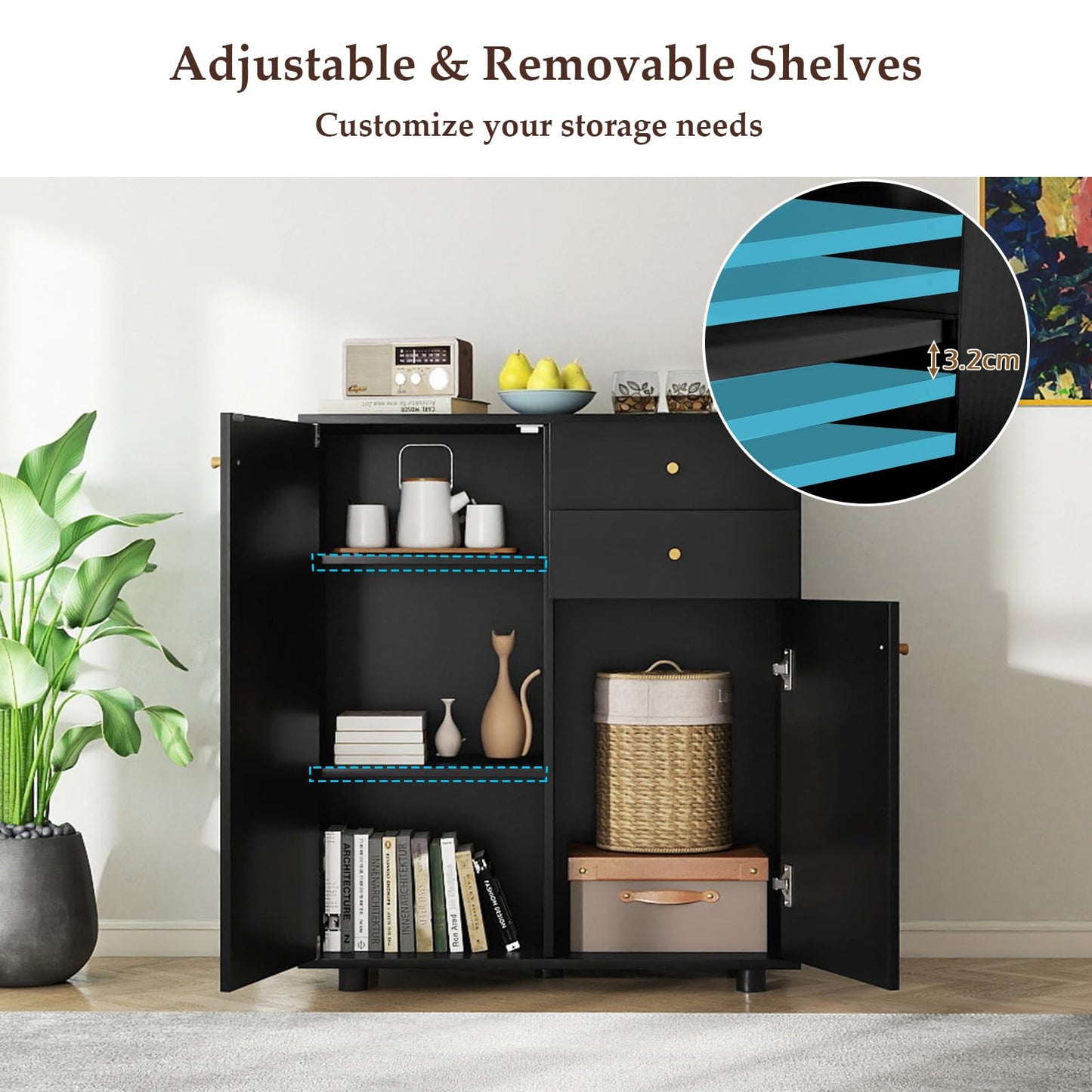 Kitchen Sideboard Buffet Cabinet with 3 Adjustable Shelves
