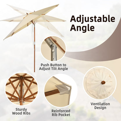 2.7/3m Wooden Patio Parasol Sun Shade Umbrella with 8 Ribs