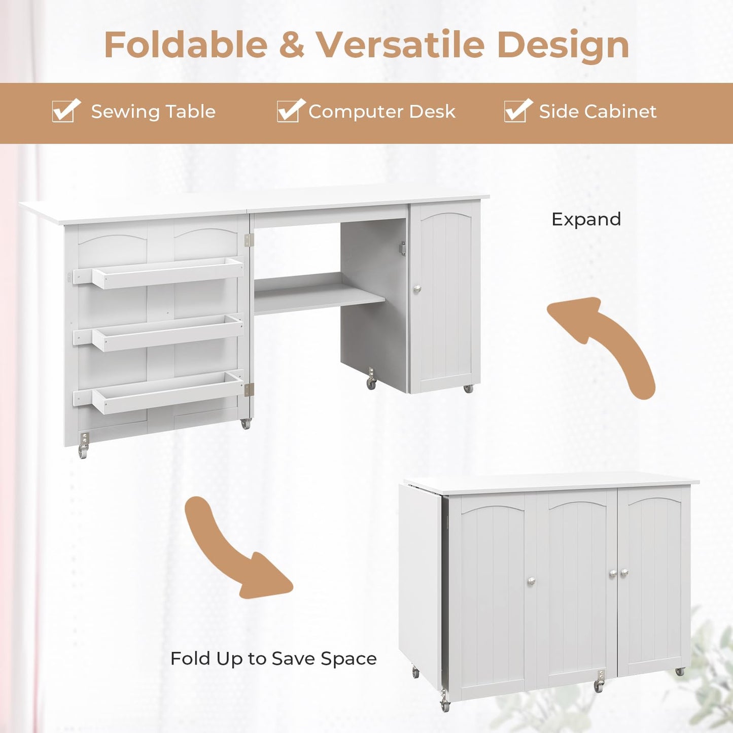 Rolling Folding Sewing Table with Storage Shelves