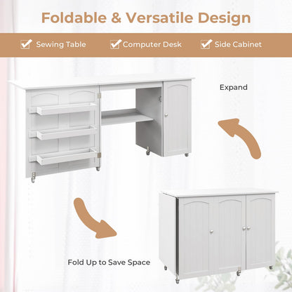 Rolling Folding Sewing Table with Storage Shelves