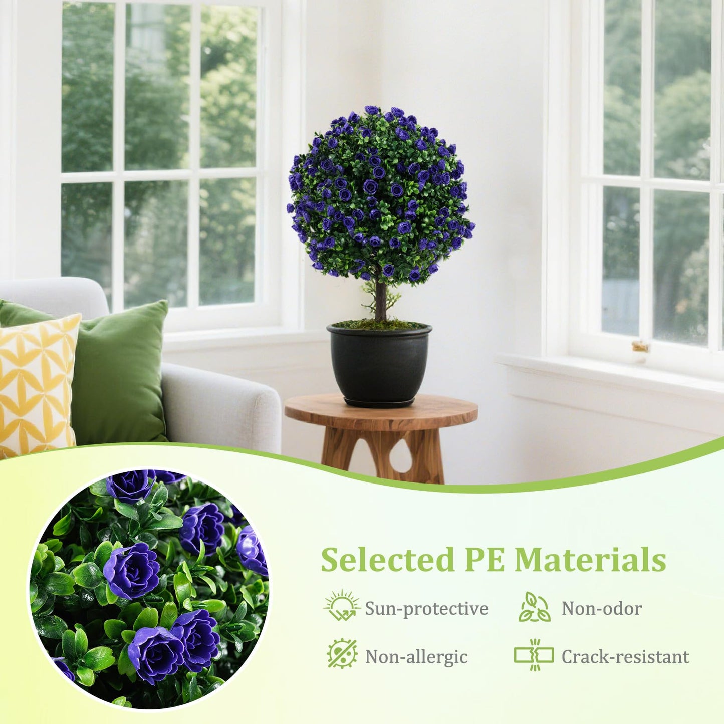 Set of 2 Artificial Purple Rose Topiary Ball Trees 55cm Faux Boxwood Ball Tree
