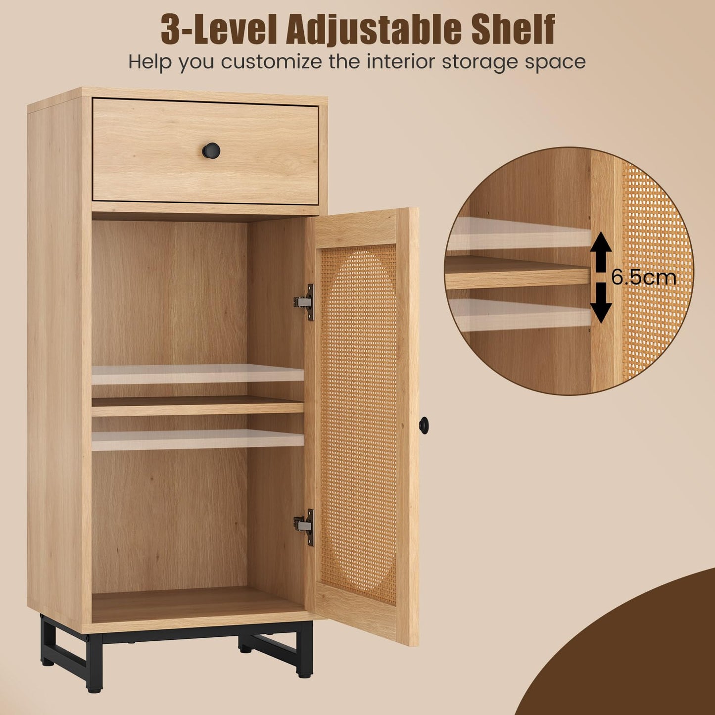 PE Rattan Storage Cabinet with Adjustable Foot Pads and Anti-toppling Kit