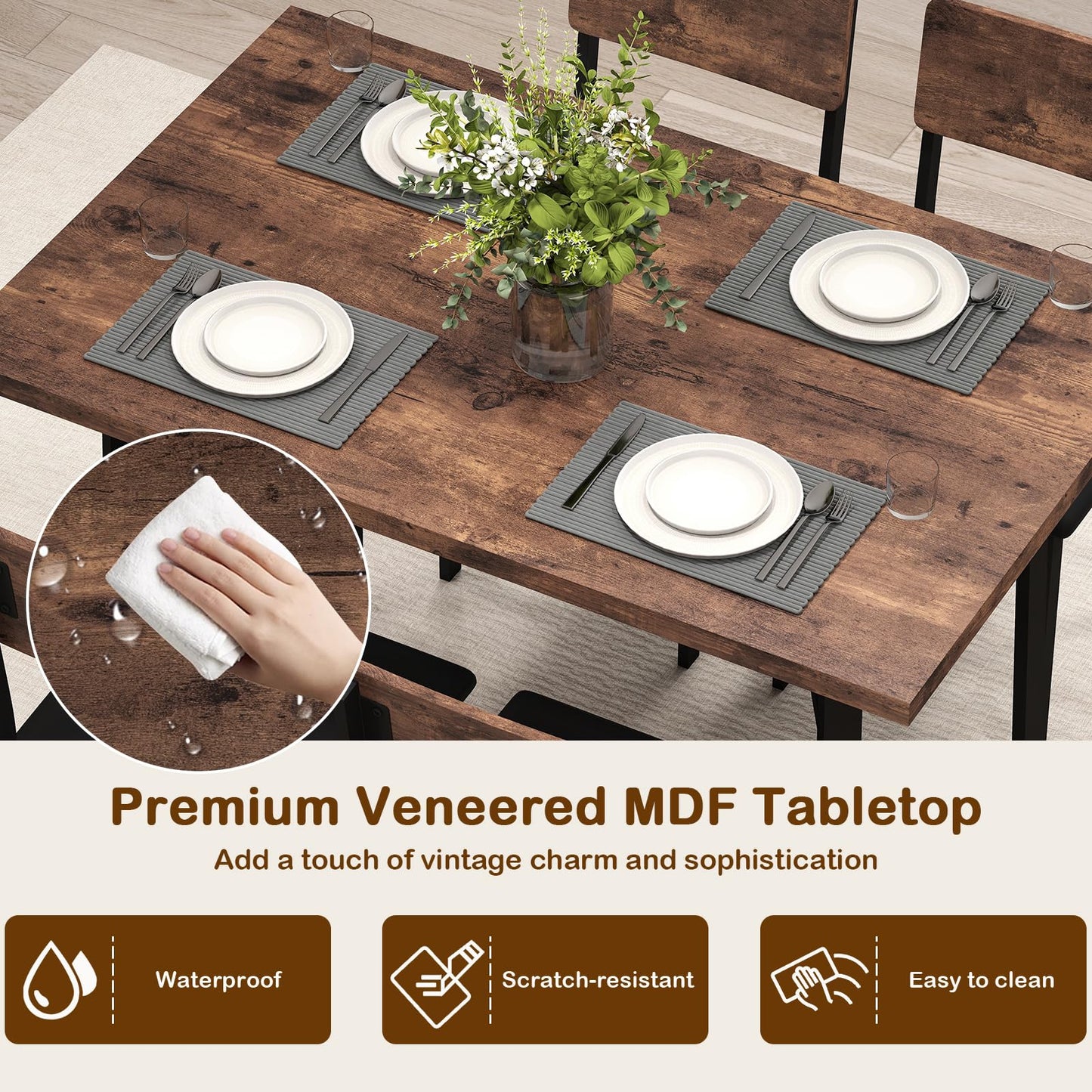5-Piece Dining Table Set for 4 People with Metal Leg for Small Room