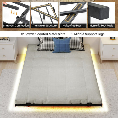 Double/King Size Floating Bed Frame with LED Lights, 4FT6/5FT Metal Slat Support Bedstead Platform Bed