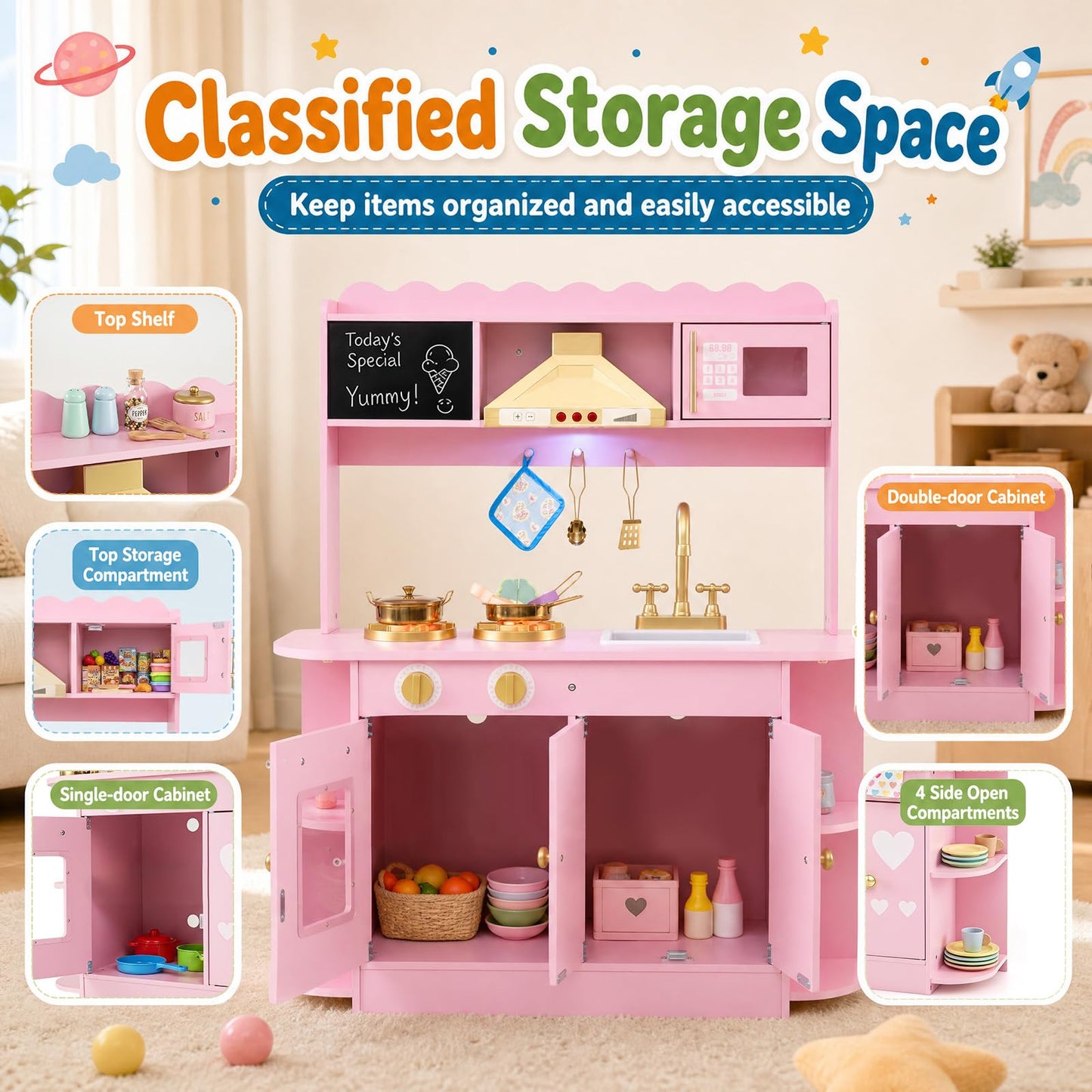 Kids Play Kitchen, Wooden Toy Kitchen with Stoves, Range Hood, Oven