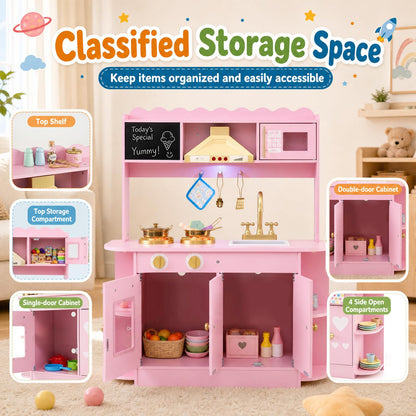 Kids Play Kitchen, Wooden Toy Kitchen with Stoves, Range Hood, Oven