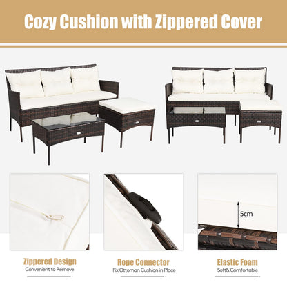 4 Seater Rattan Garden Furniture Set with Tempered Glass Table