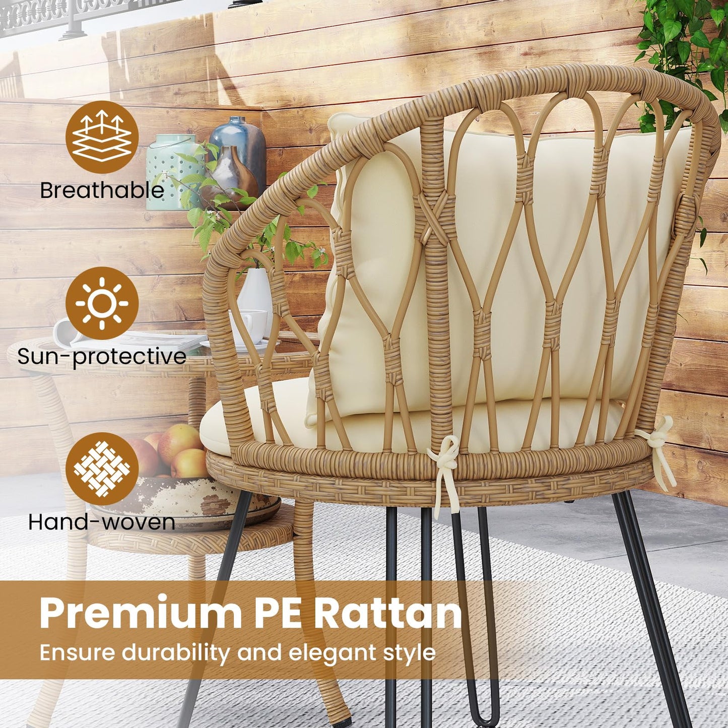 3 Pieces PE Wicker Patio Bistro Set with Cushions for Porch