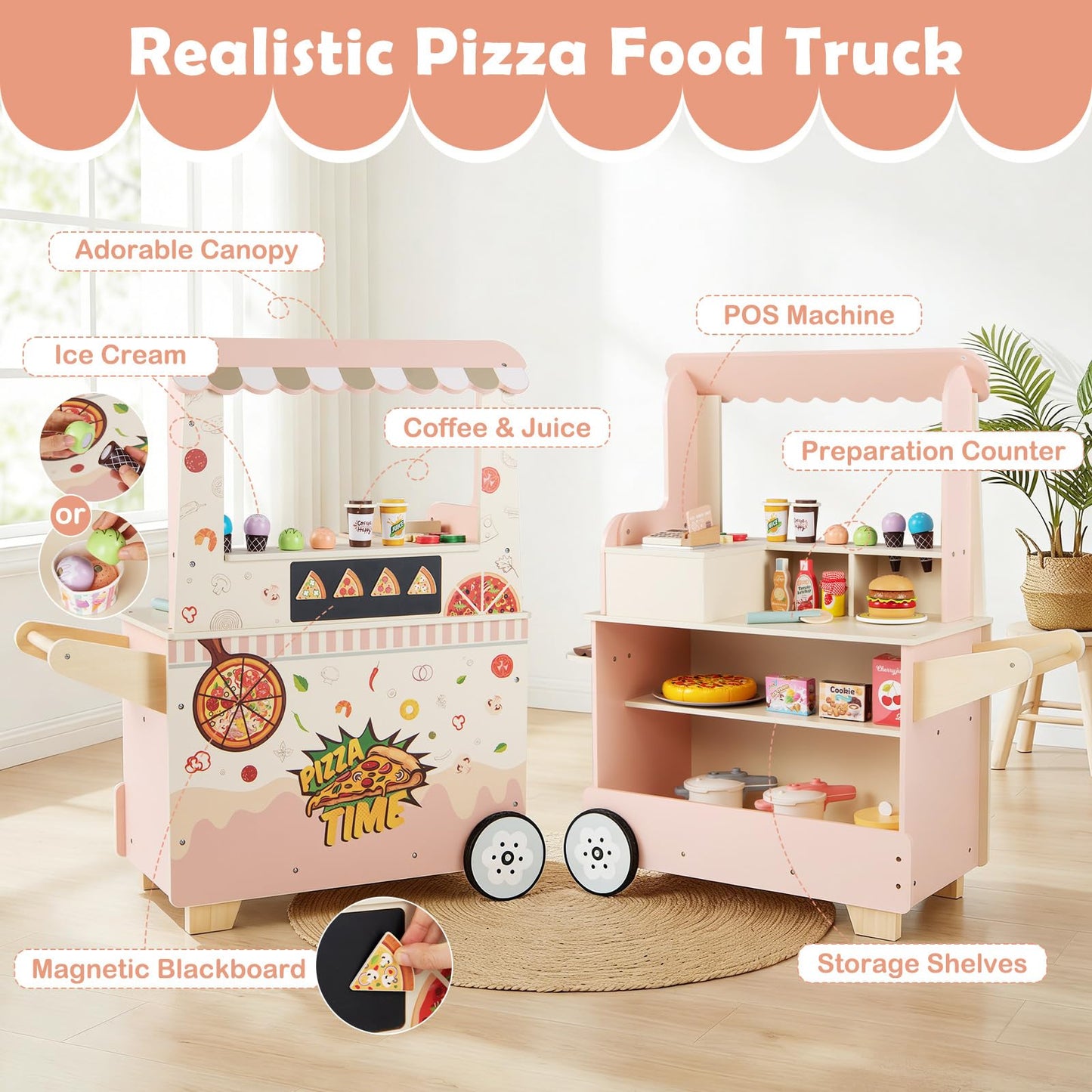 Kids Pizza Food Truck Wooden Pretend Play Snack Cart with Oven