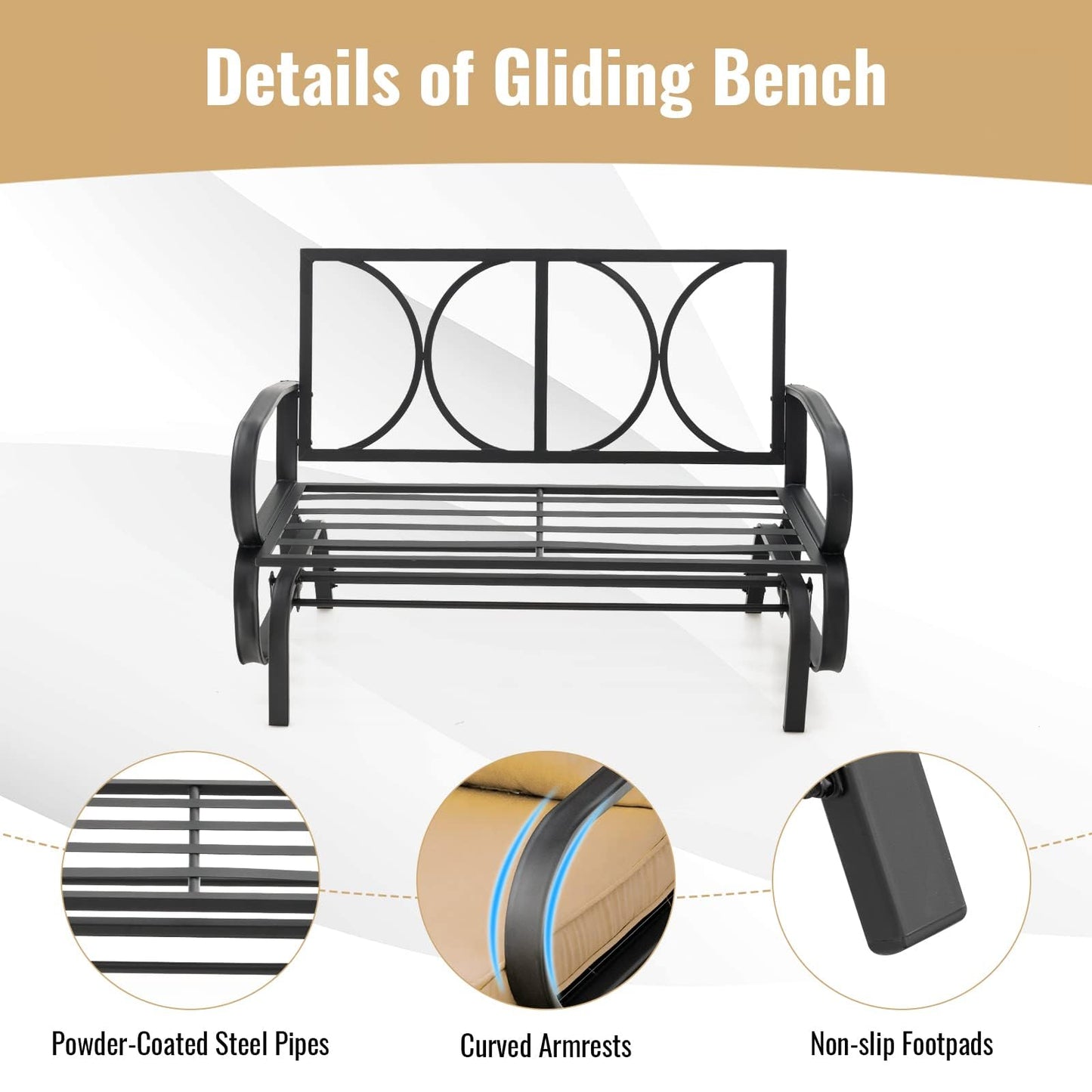 2-Person Steel Frame Outdoor Glider Bench with Cushions
