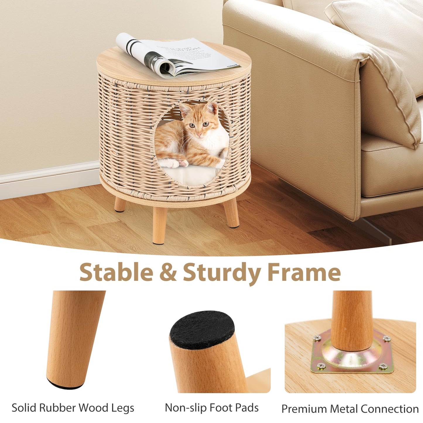 Wicker Cat Bed Ottoman Elevated Cats Cave Sleeping House
