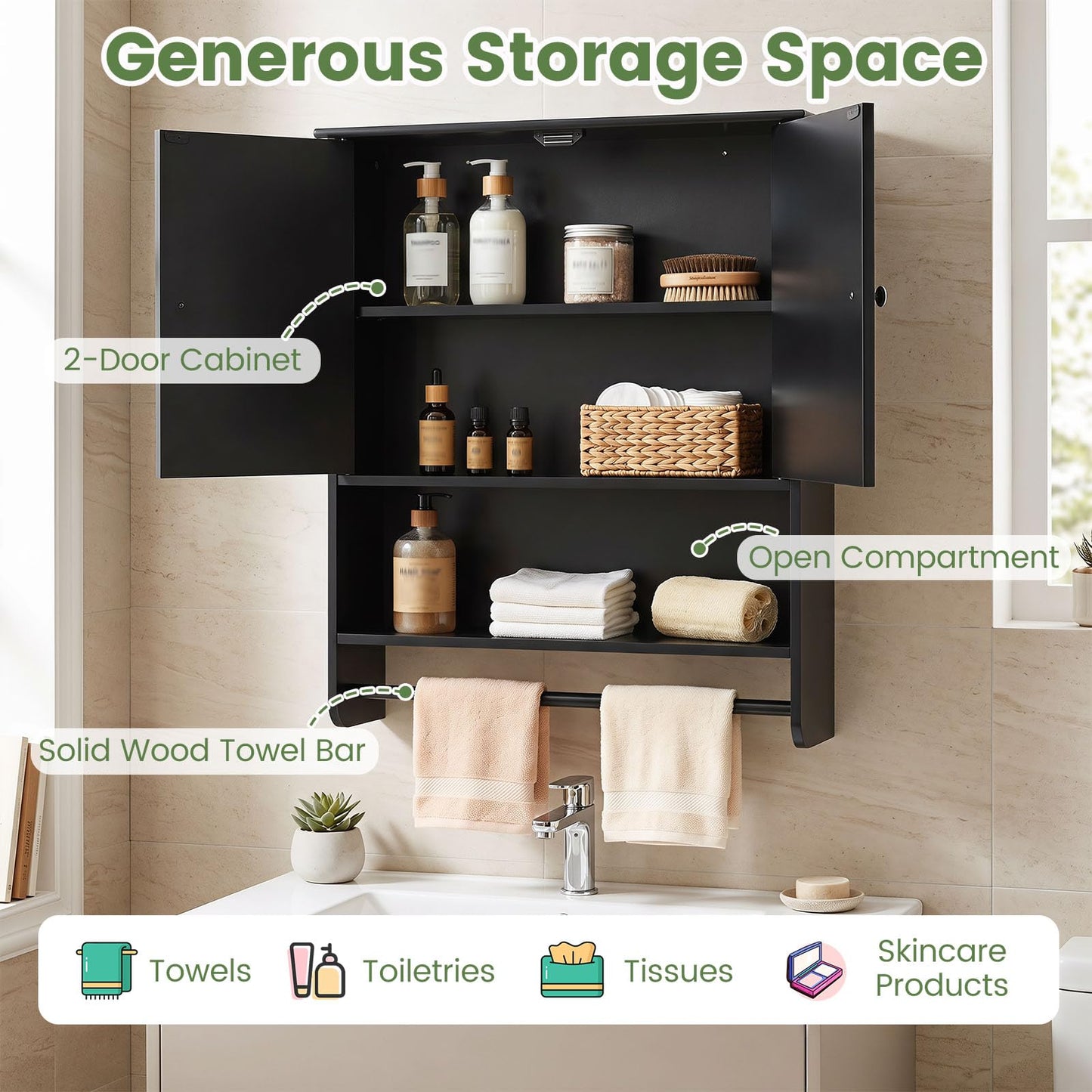 Bathroom Wall Cabinet, Over-The-Toilet Storage Cupboard